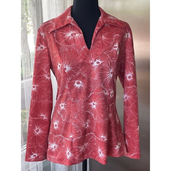 Vintage 1970s top, red and white abstract floral pattern, long sleeves blouse - Picture 1 of 10